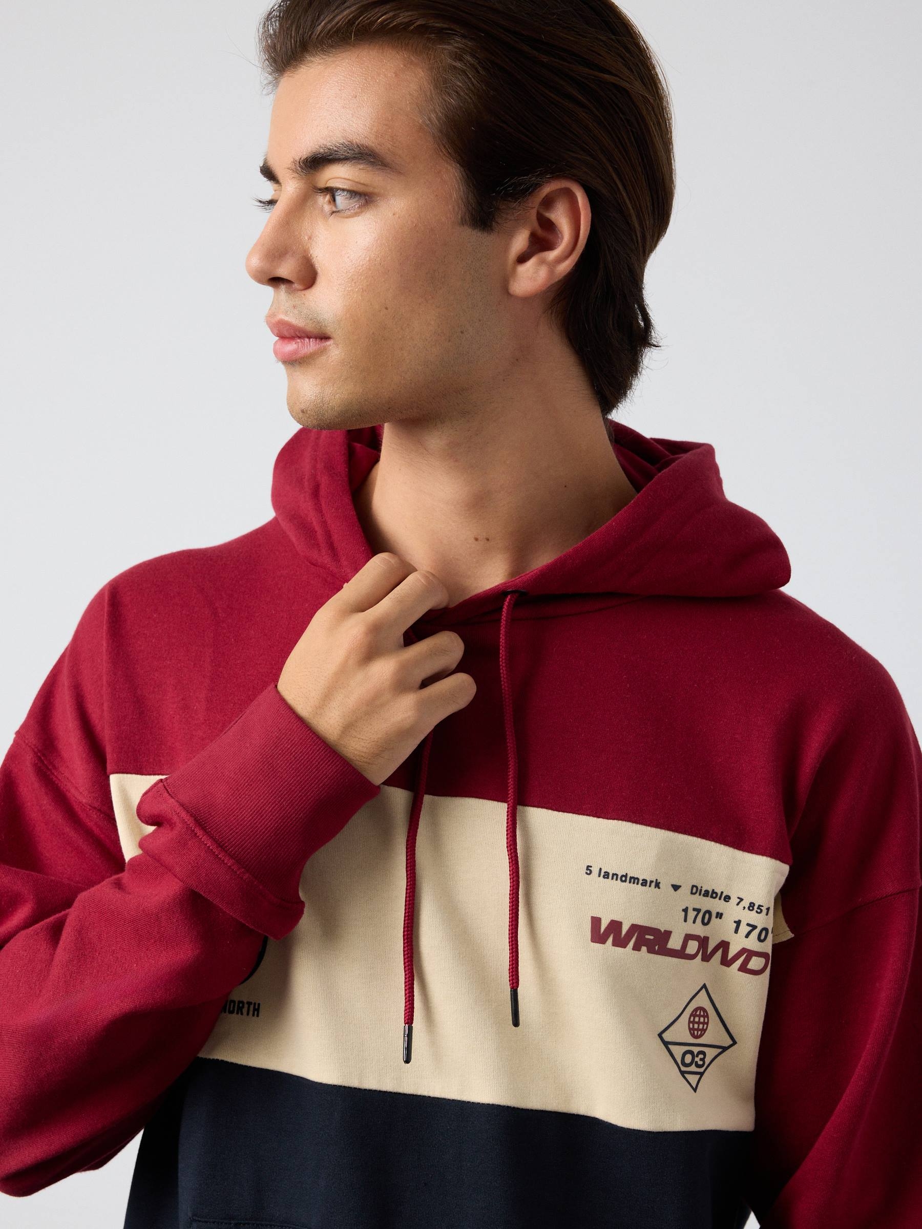 Graphic pint sweatshirt with color block garnet middle front view