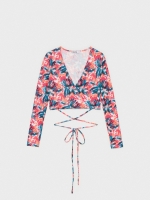 %Pto% Floral print shirt with lace up multicolor