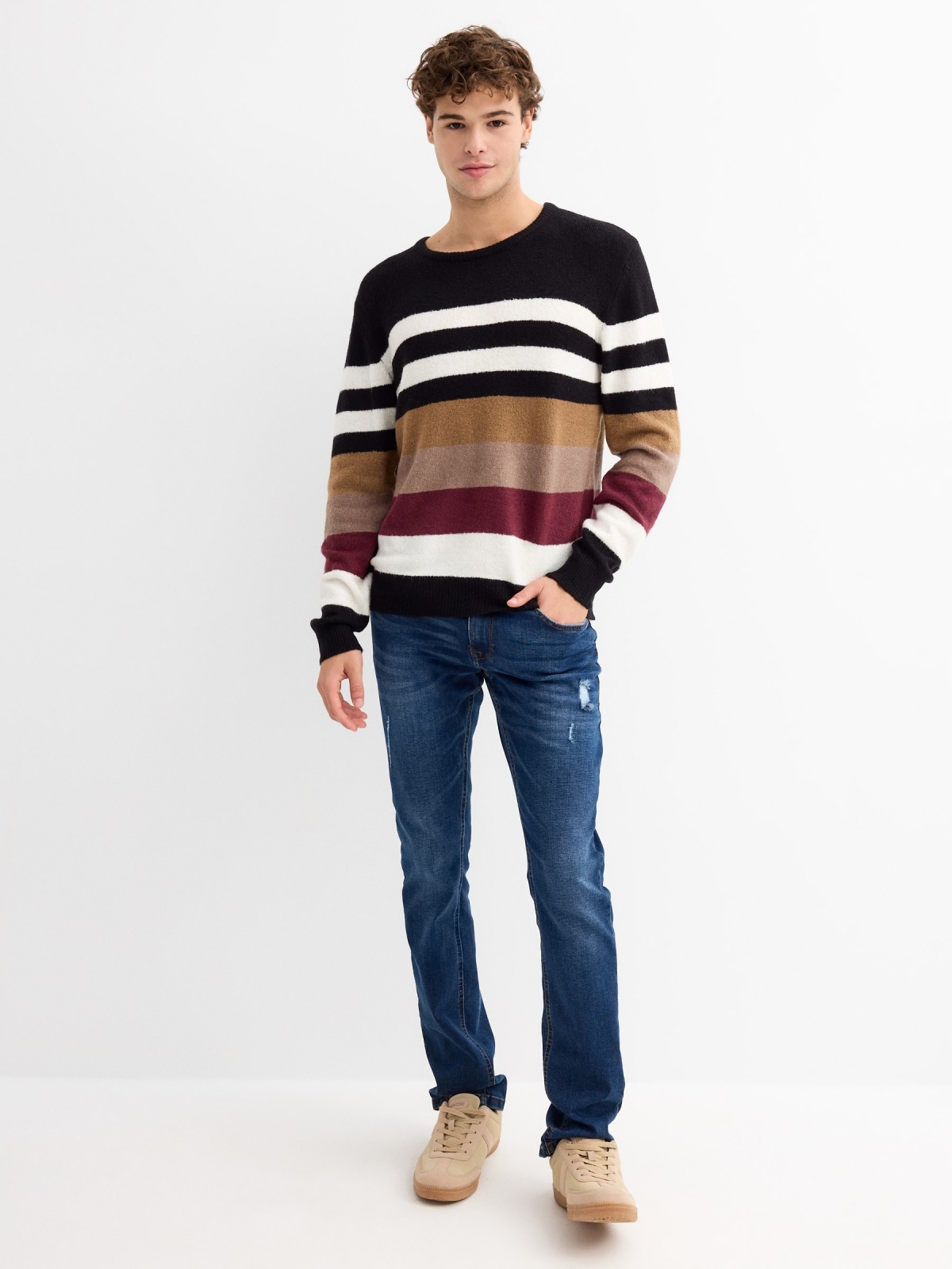 Contrasting striped jumper black general front view