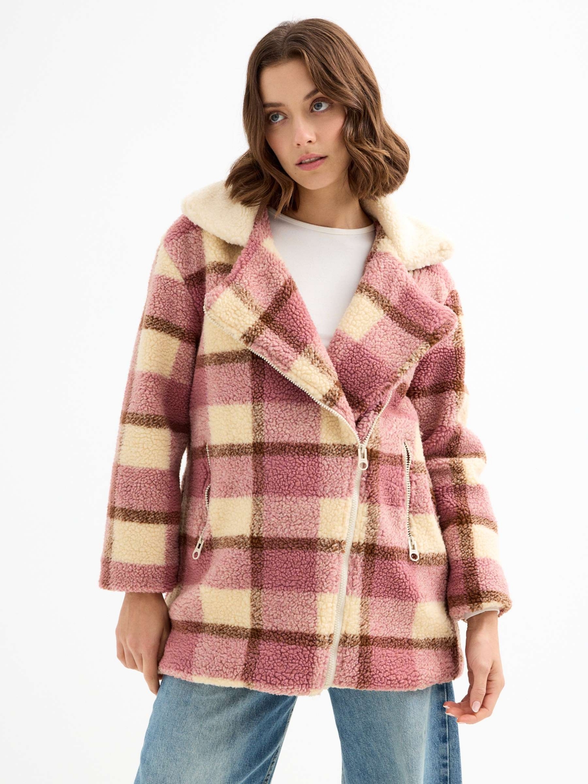 Checked print sheepskin jacket light pink detail view