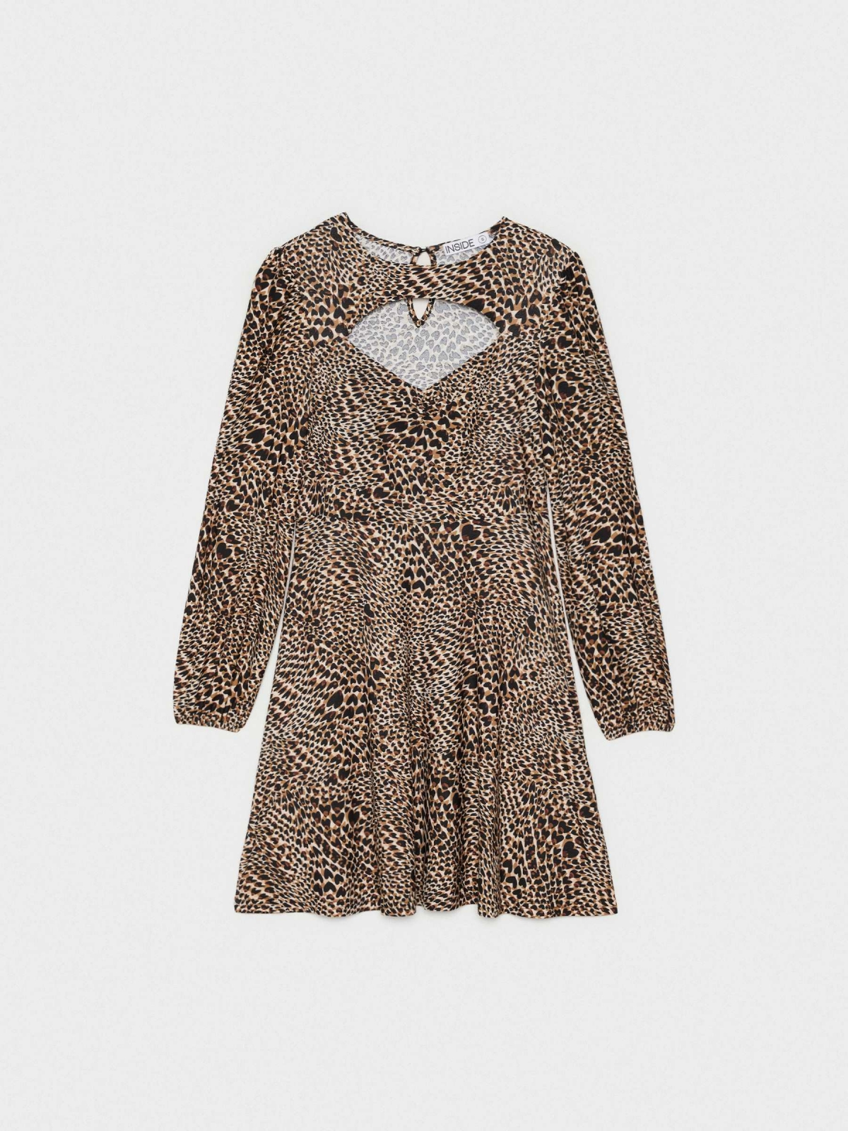 Flare animal print dress with cut out beige detail view