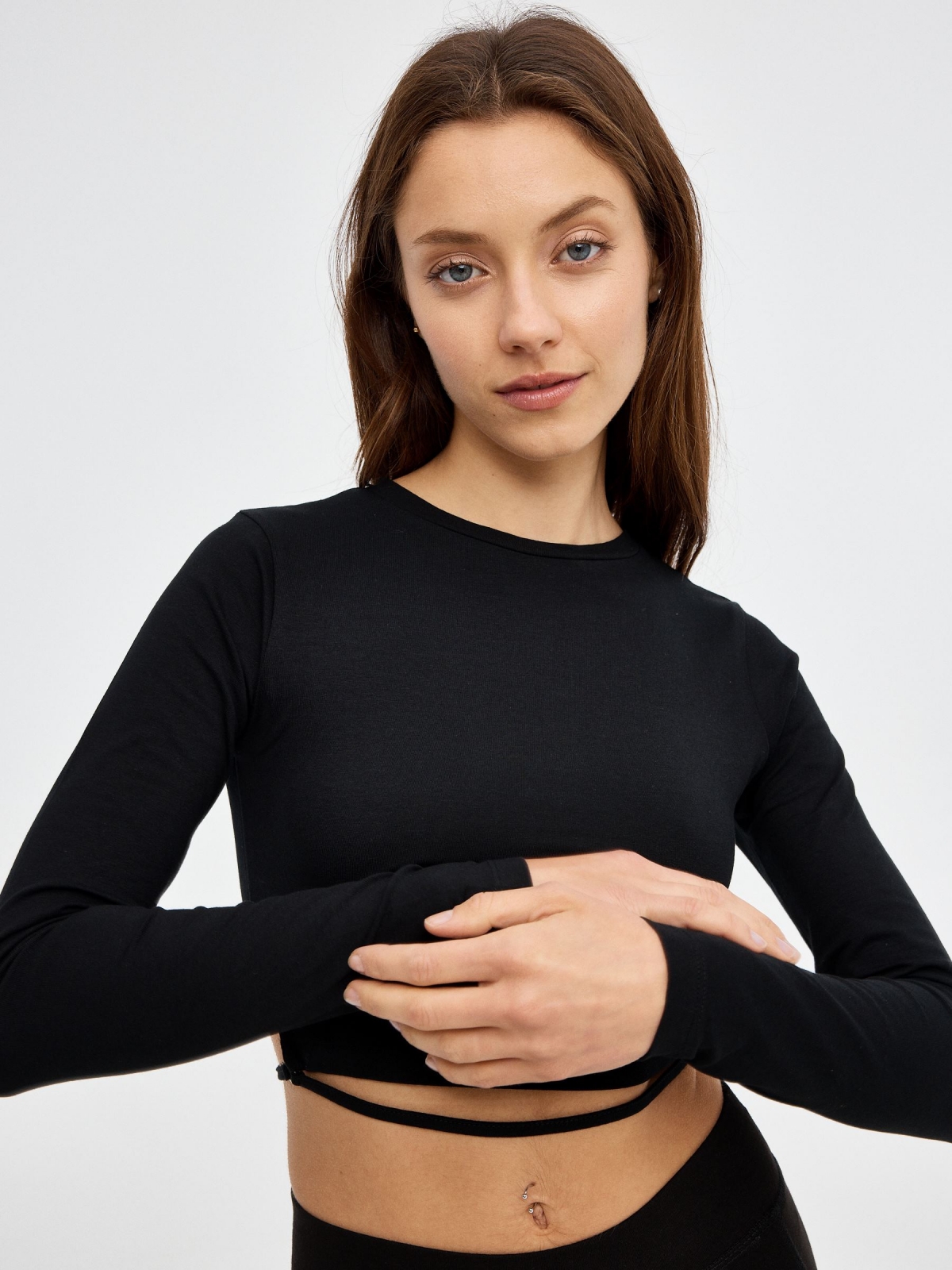 Open back crop top black detail view