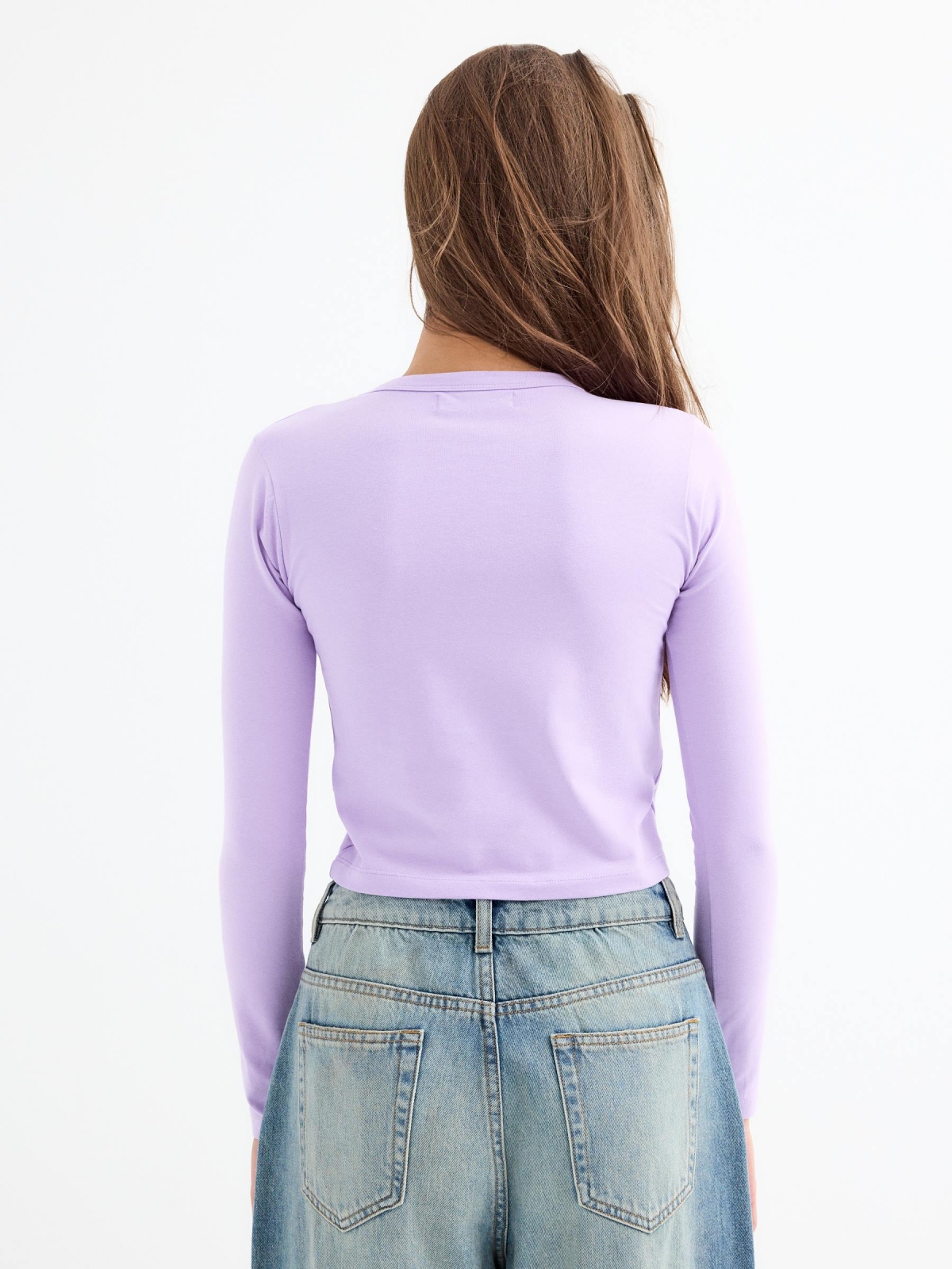 Purple crop print t-shirt mauve middle back view