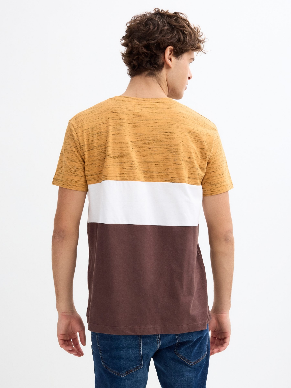 T-shirt normal color block chocolate vista meia traseira