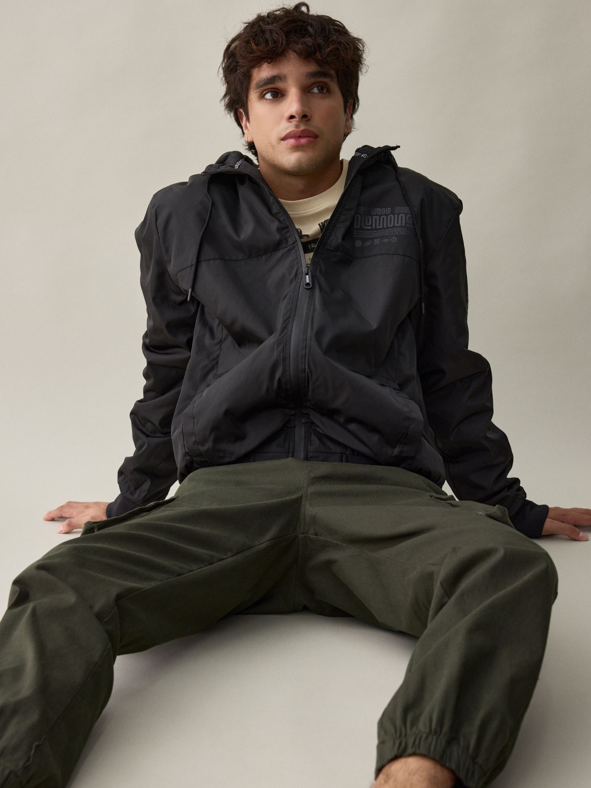 Nylon jacket with hood black detail view