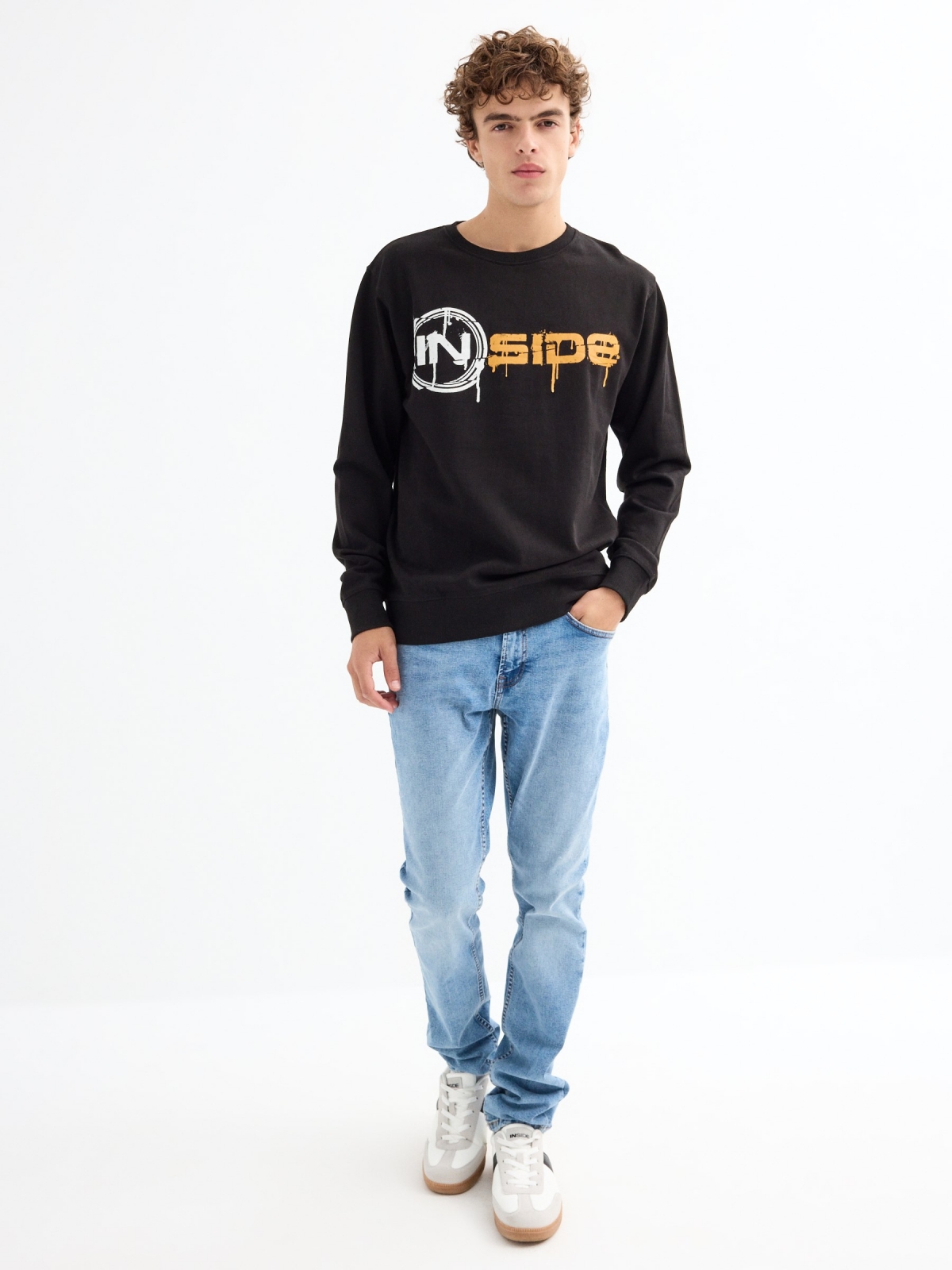 Hoodless sweatshirt with logo black front view