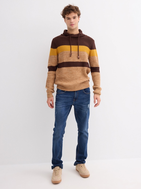 Striped sweater with collar chocolate general front view