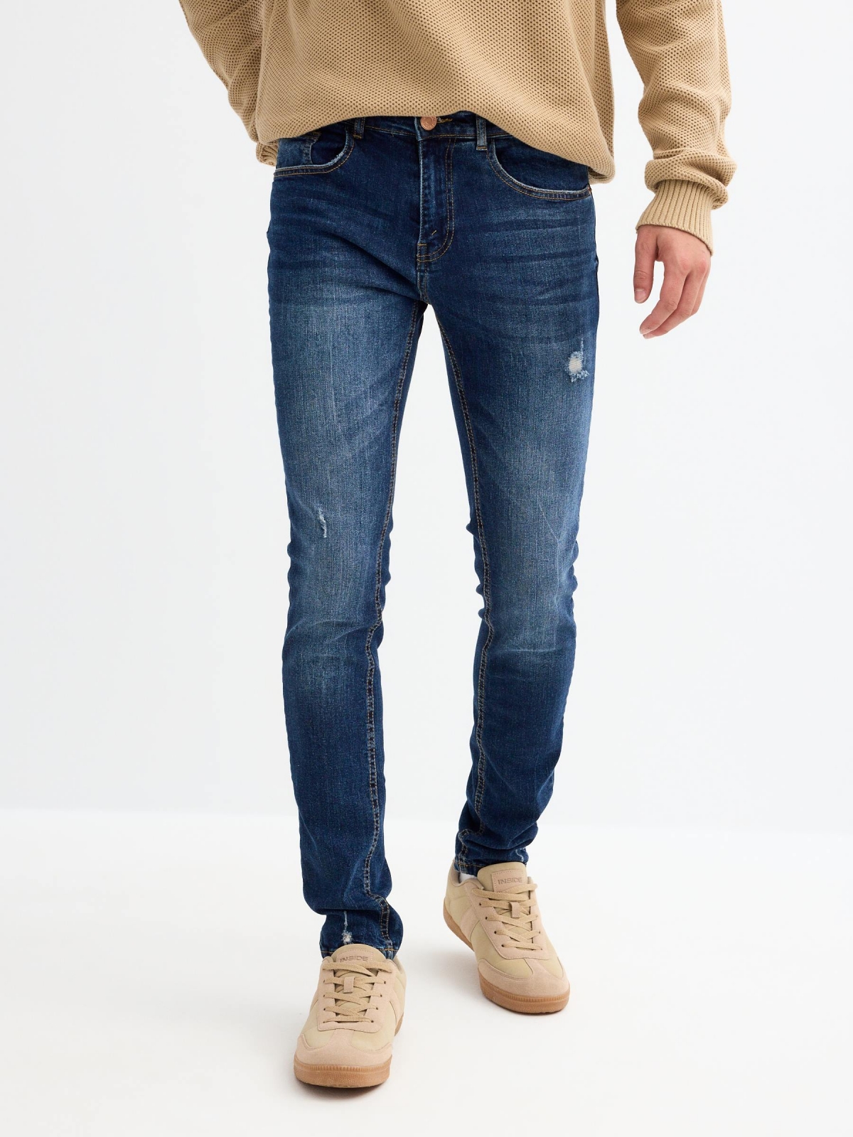 Super slim denim ripped jeans blue middle front view