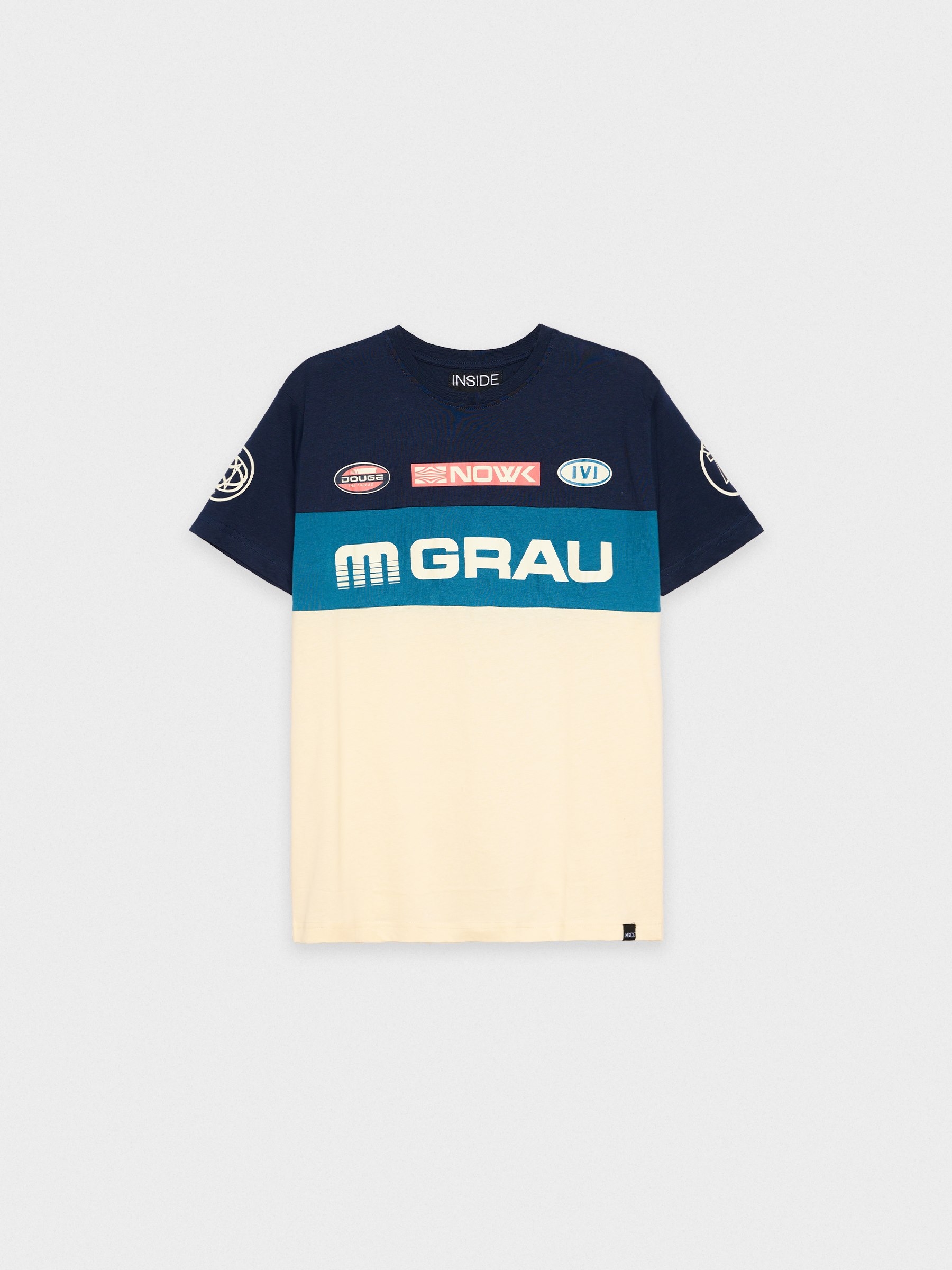 T-shirt text color block. sand middle front view