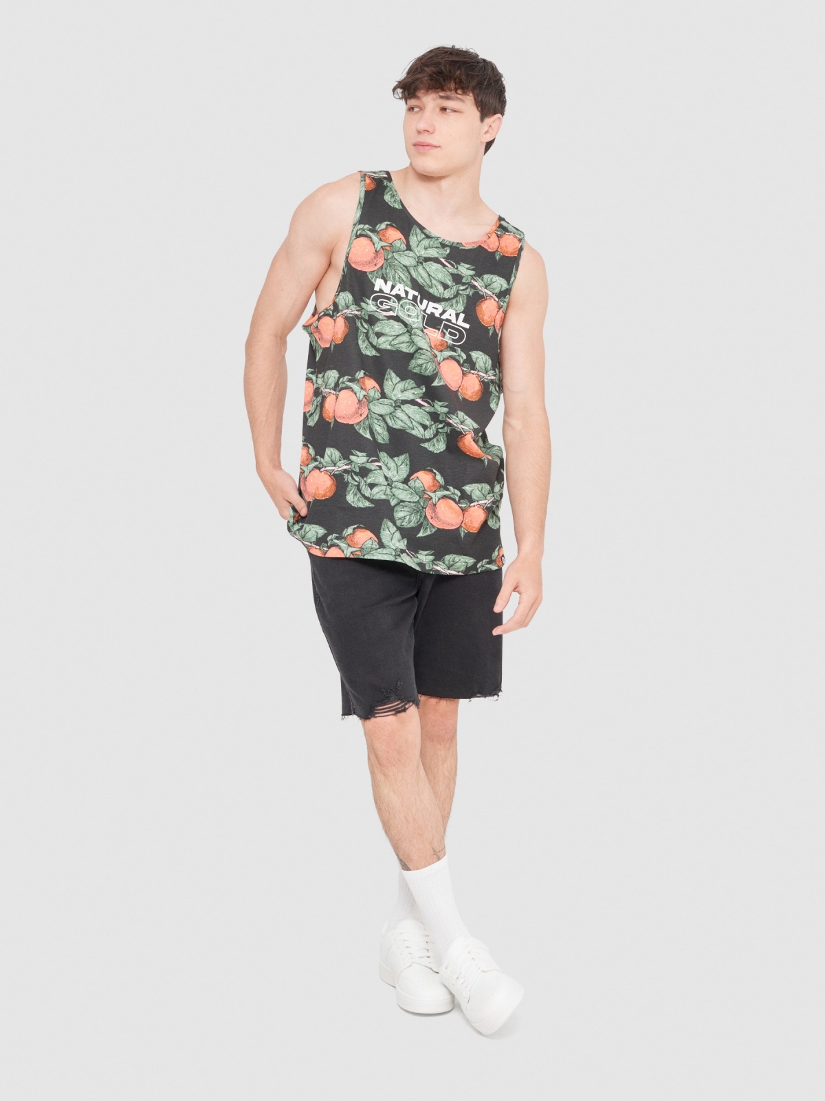 Fruit print tank top black front view