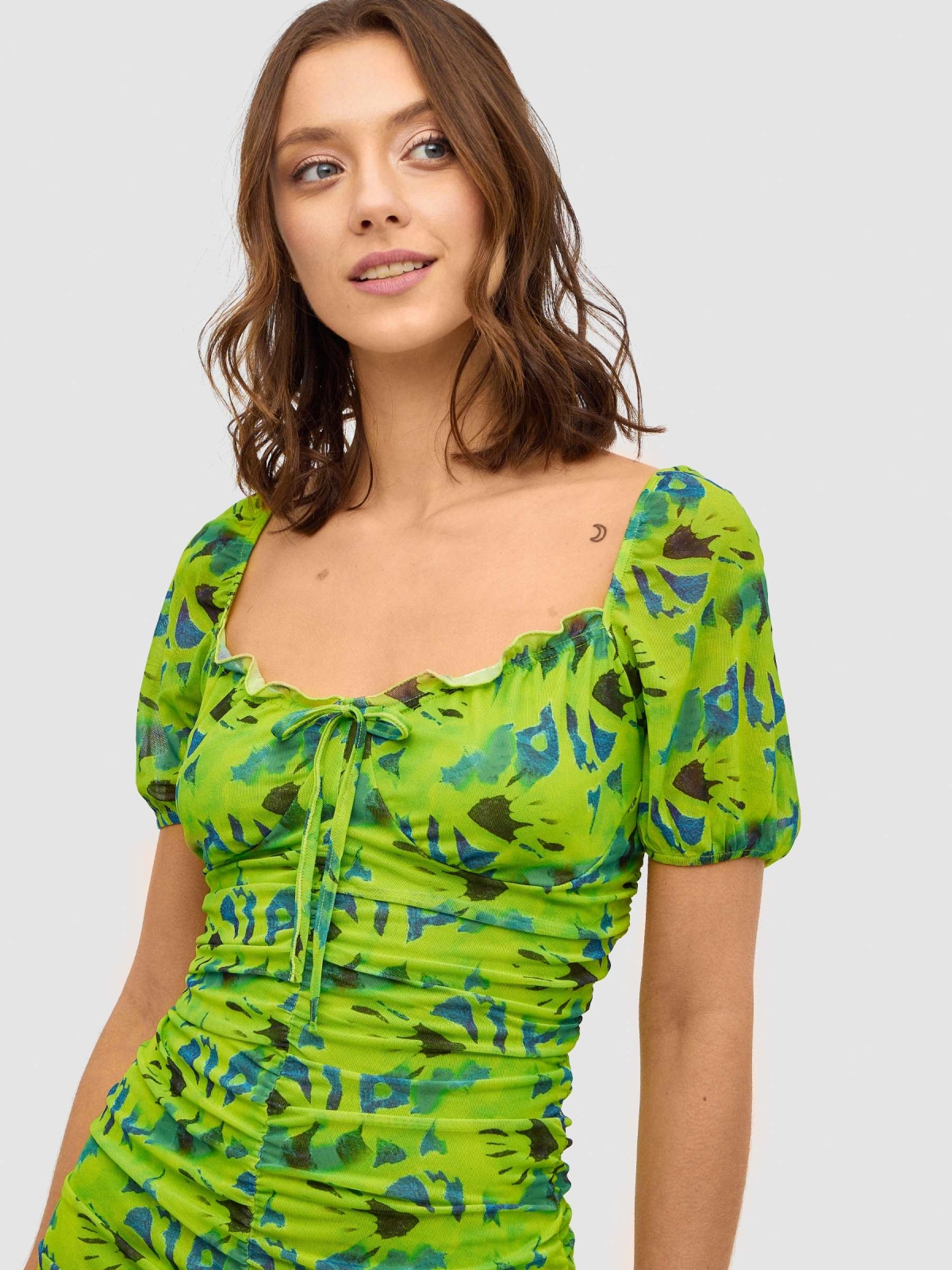 All-over print tulle mini dress lime back detail view