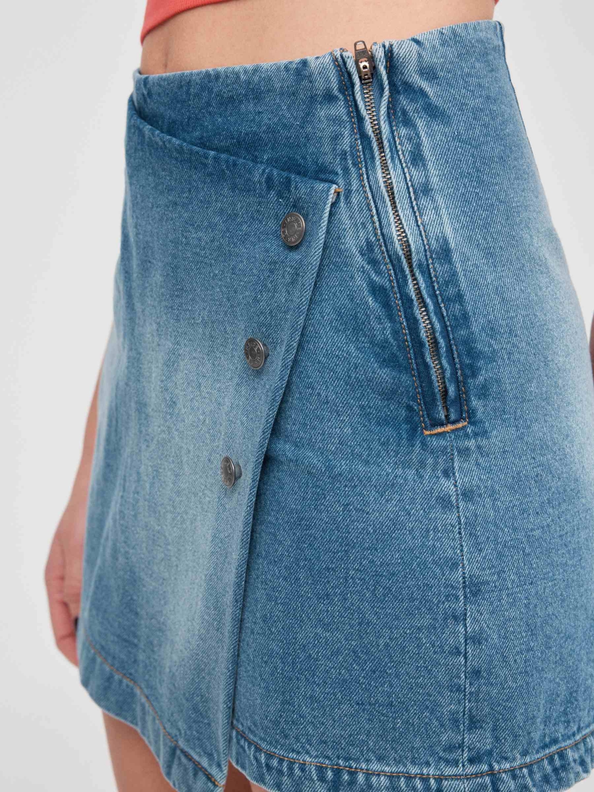 Denim button-down crossover skirt with buttons blue detail view