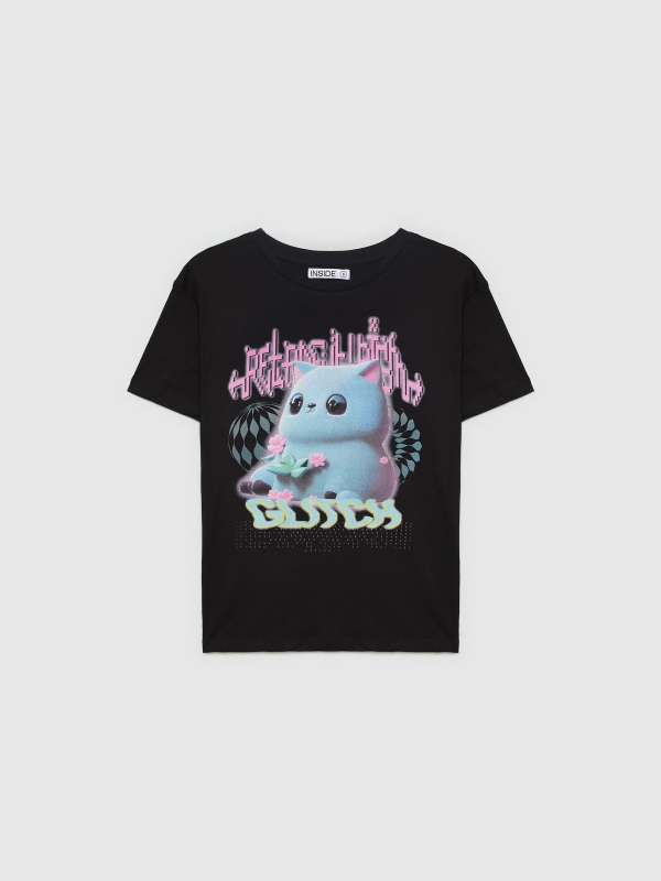  T-shirt oversize com um gato 3D preto