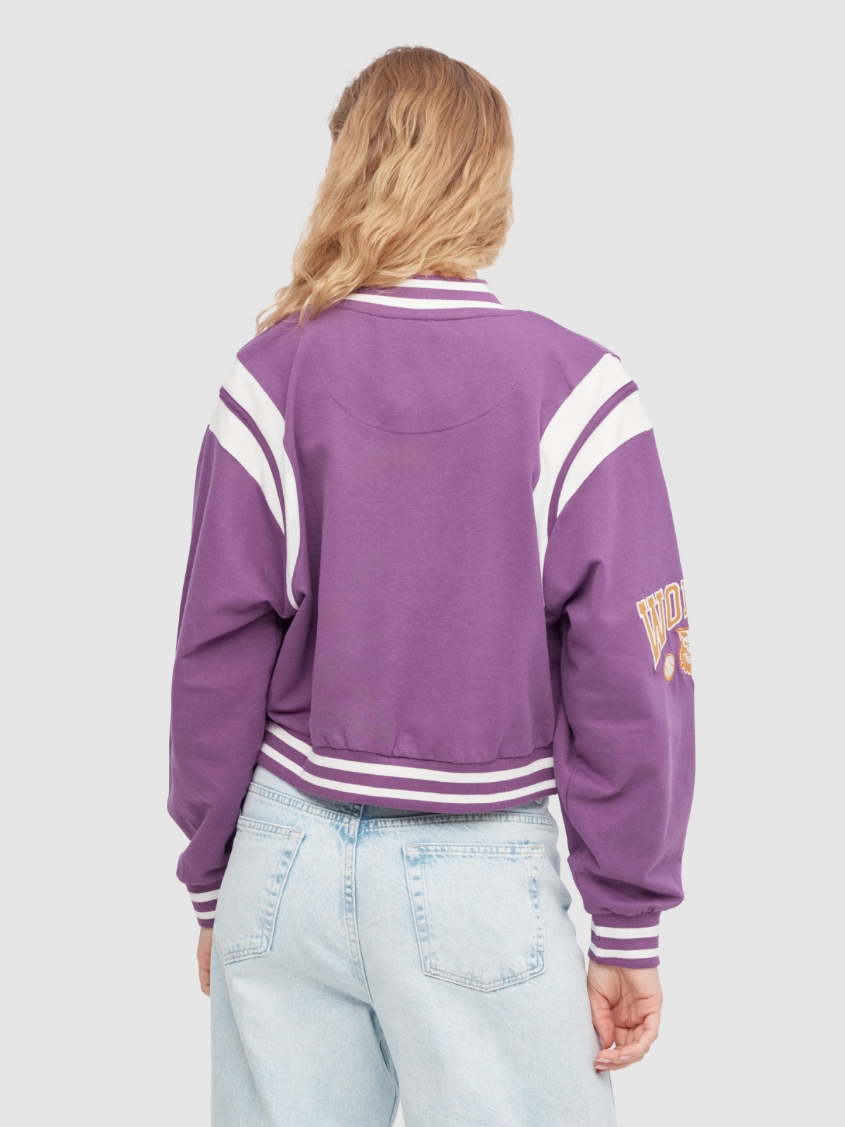 Bomber jacket with patches aubergine middle back view