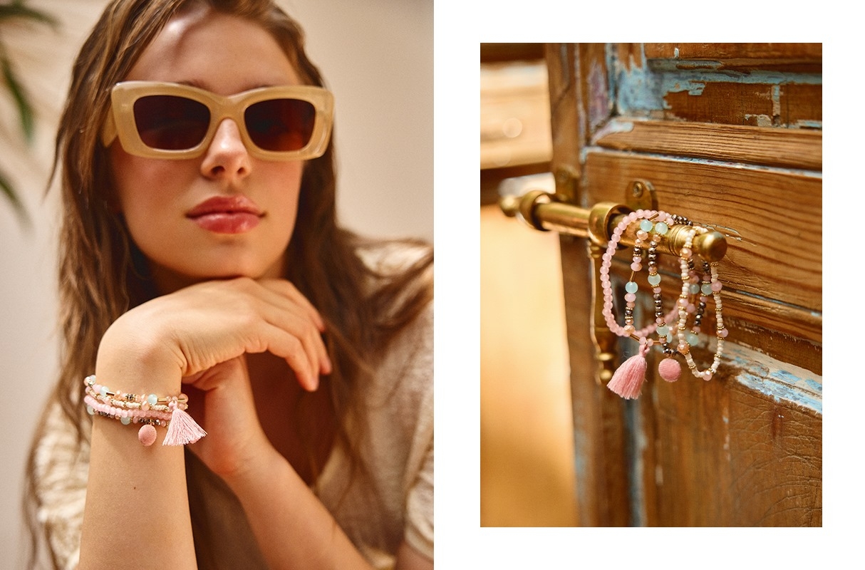 Set de pulseiras contas rosa claro