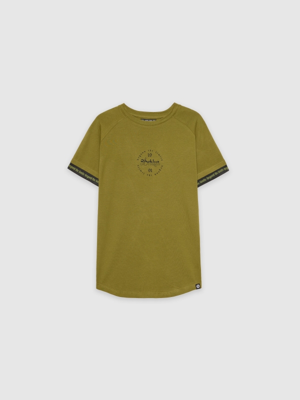 T-shirt raglan com pormenor de texto cáqui vista detalhe