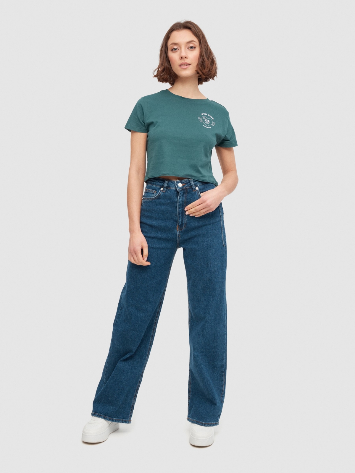 Smiling heart crop top dark green front view