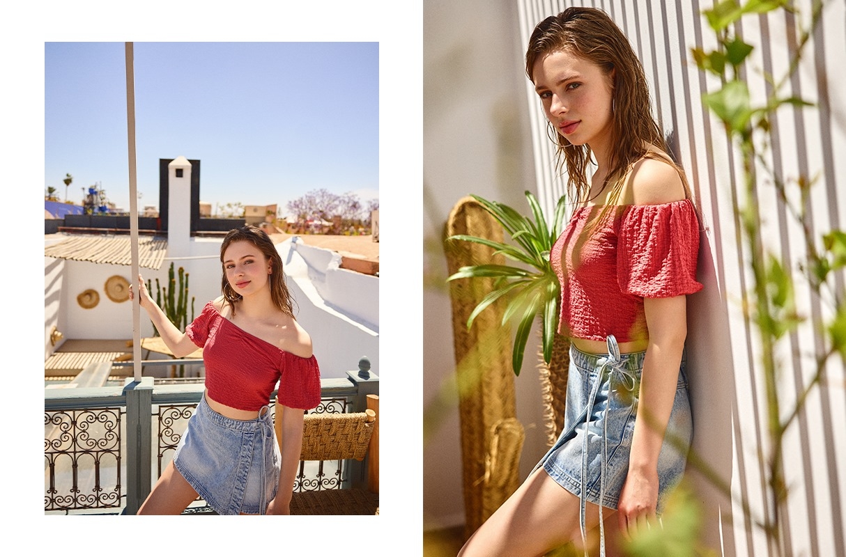 Denim crossover skort blue middle front view