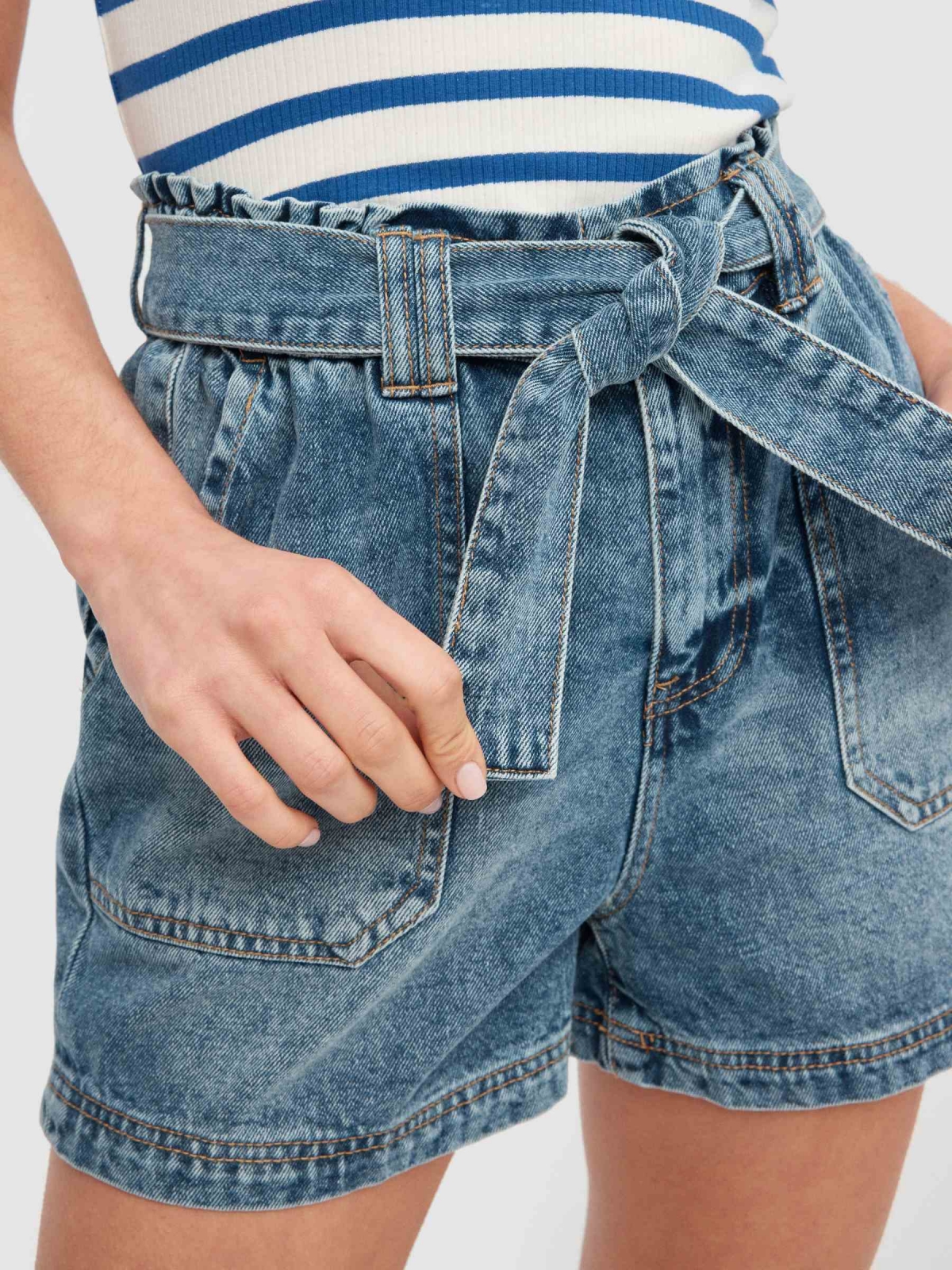 Denim shorts with bow blue back detail view