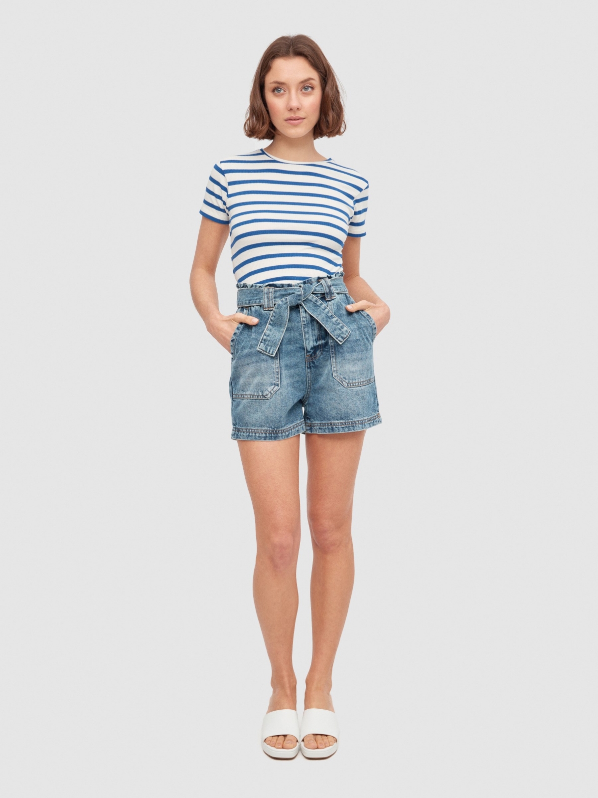 Denim shorts with bow blue general front view