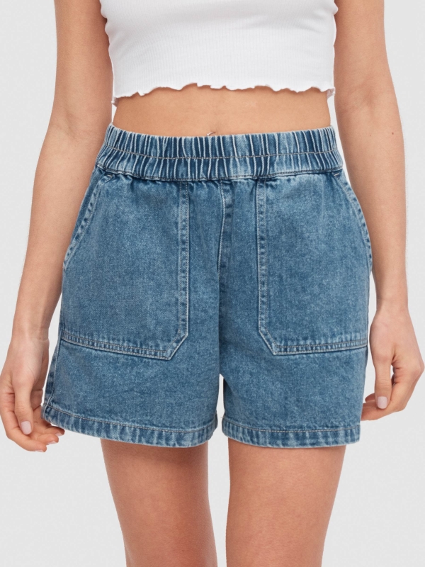 Lightweight denim shorts blue back detail view