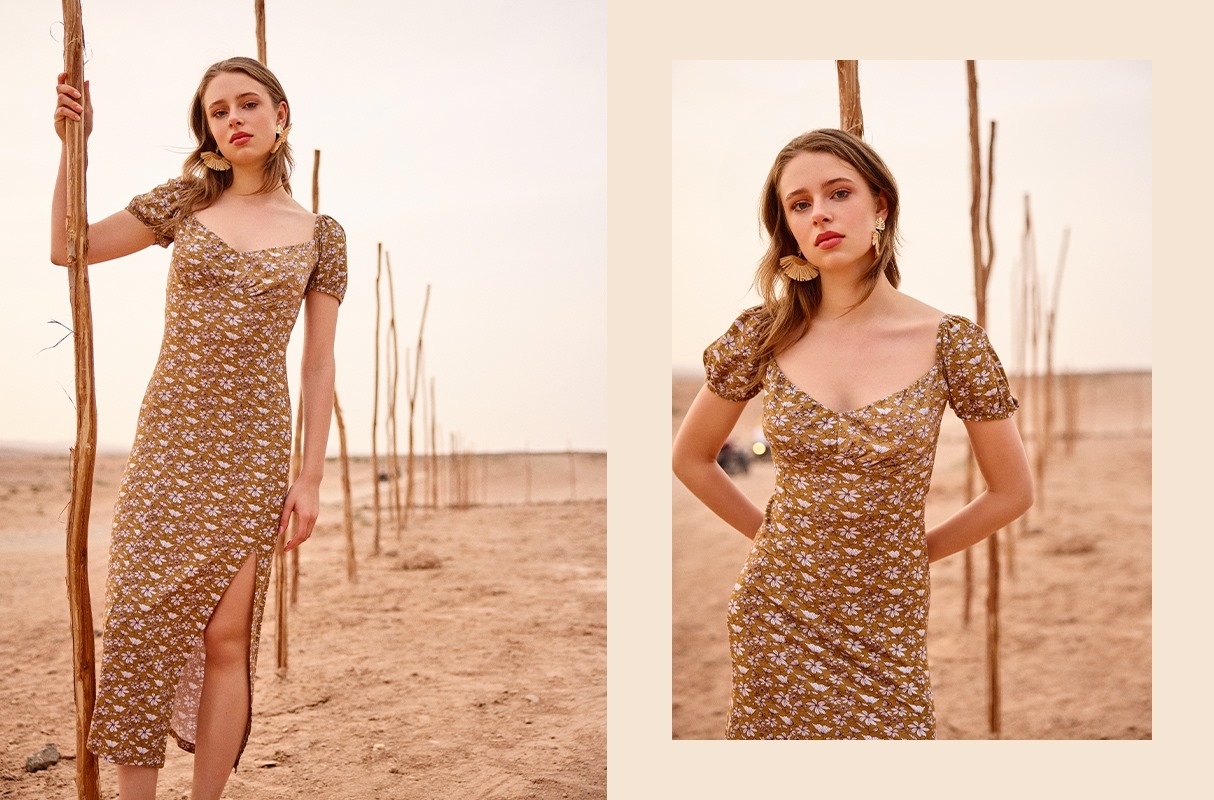 Vestido midi floral areia vista meia frontal