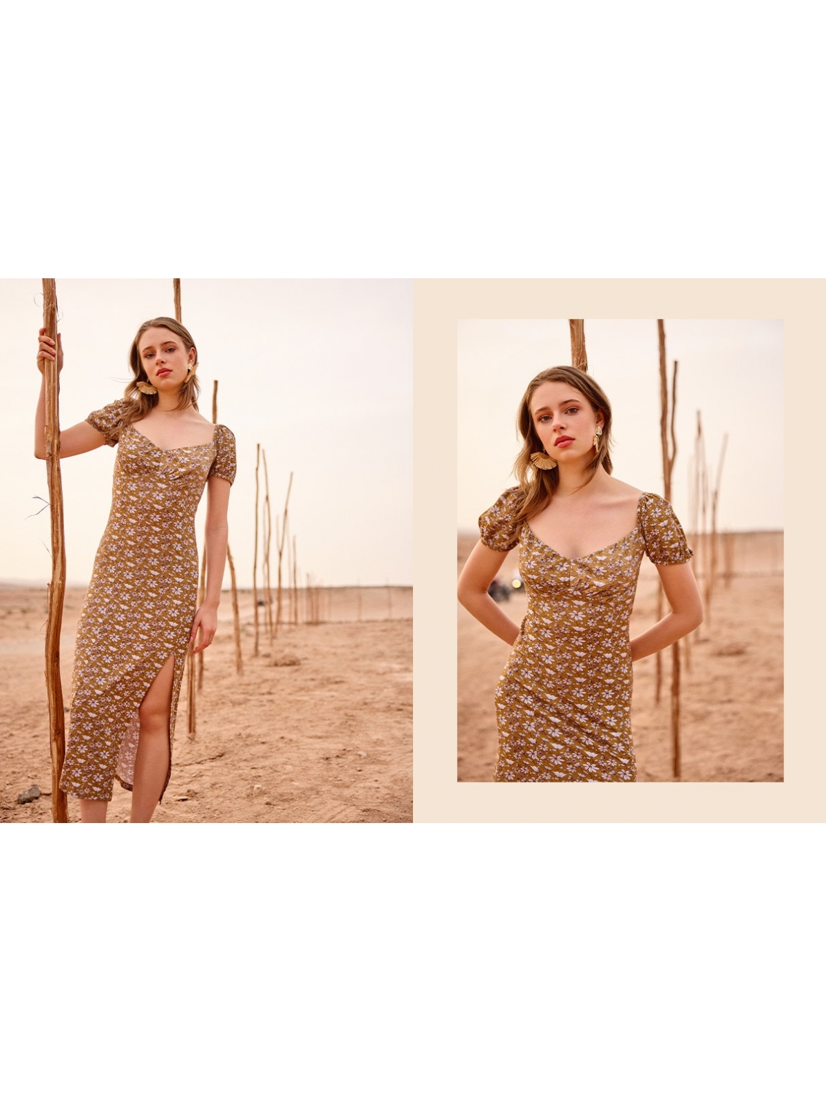 %NewExtra% Vestido midi floral areia