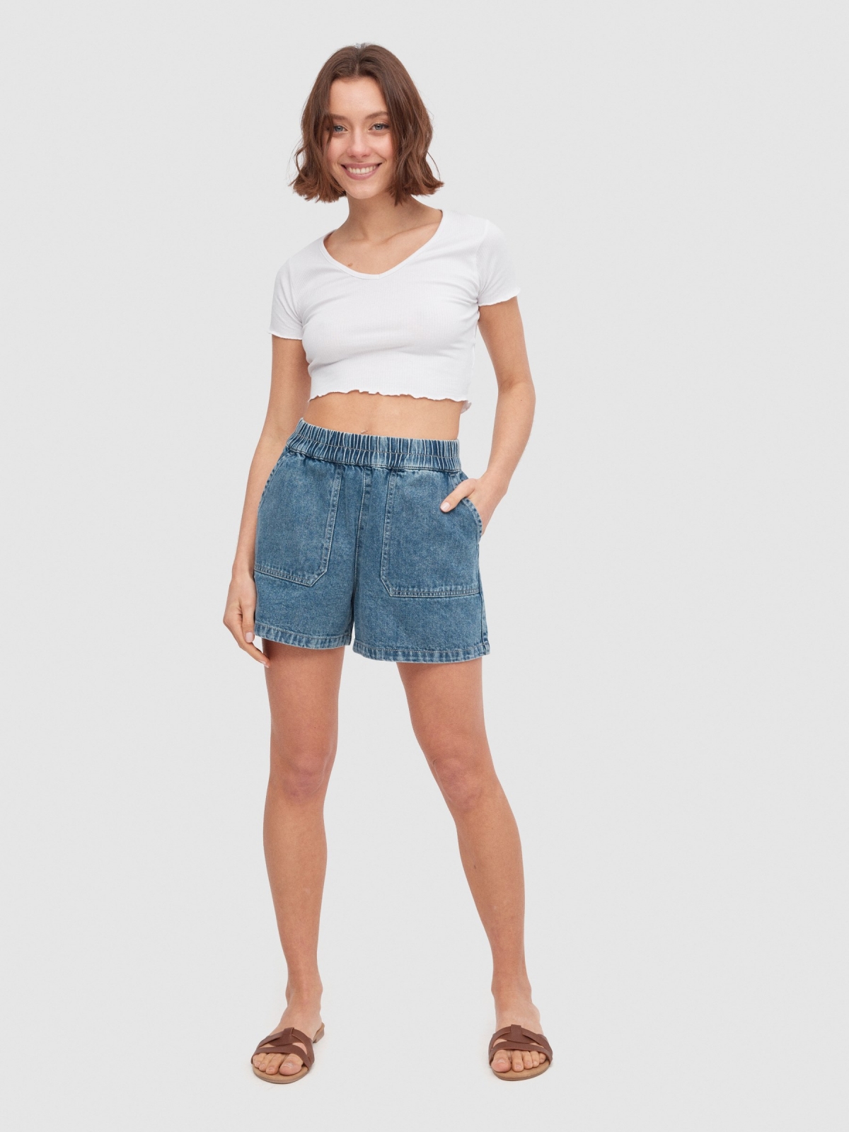 Lightweight denim shorts blue general front view