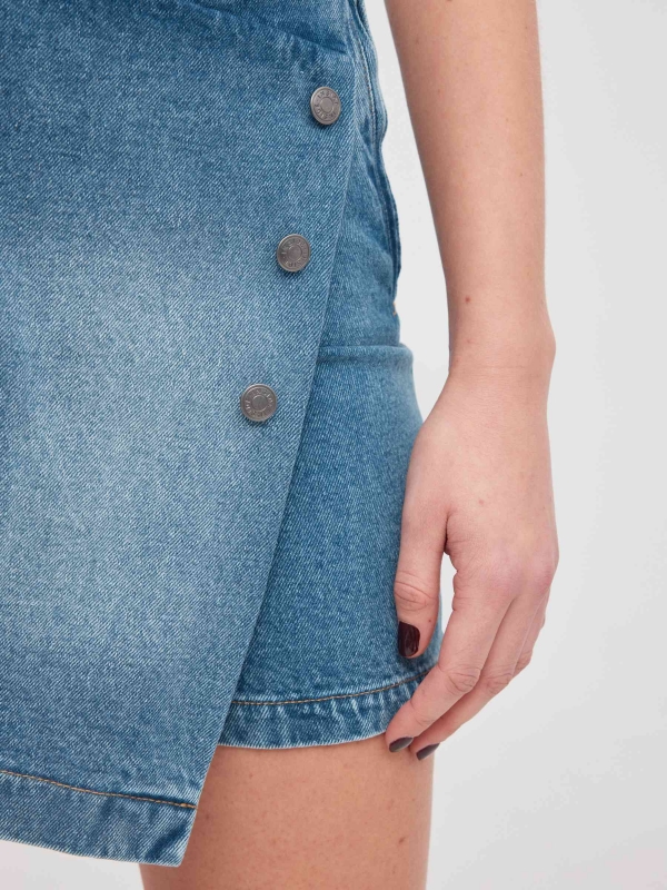 Denim button-down crossover skirt with buttons blue back detail view