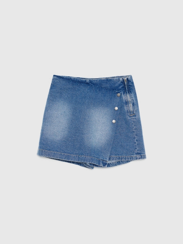 Denim button-down crossover skirt with buttons blue front detail view