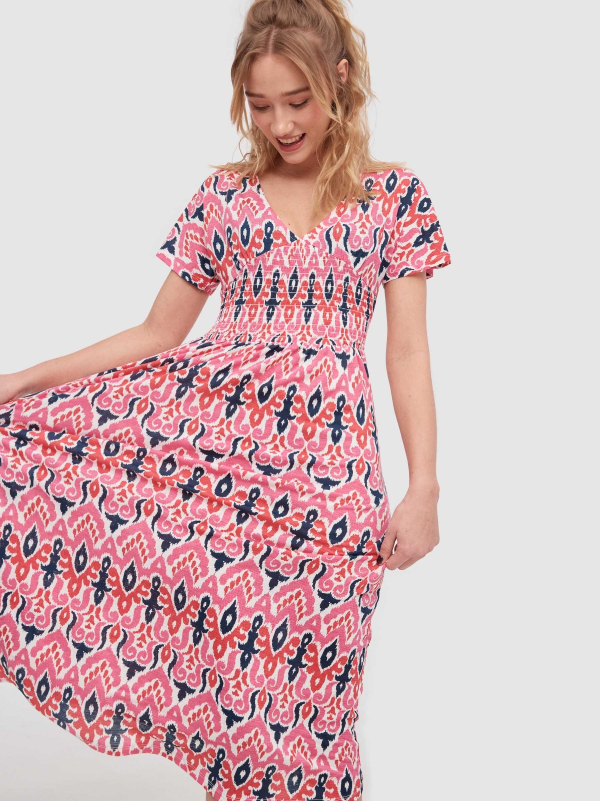 Spear print midi dress fuchsia detail view