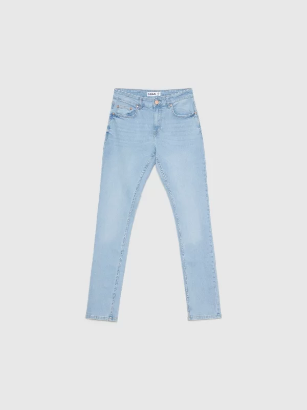 Jeans slim fit azul claro uniforme azul vista detalhe