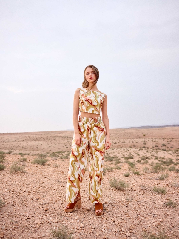  Pantalón wide-leg estampado beige