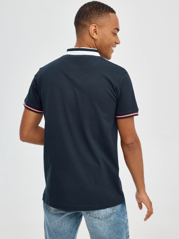 Piqué polo shirt mandarin collar navy middle back view