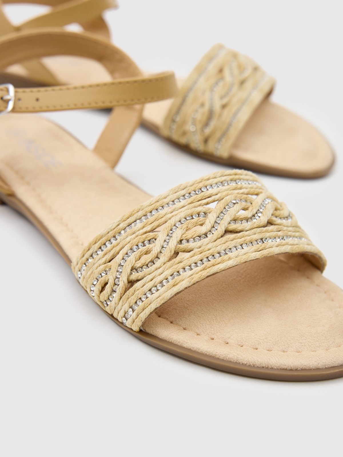 Glitter raffia sandal sand detail view