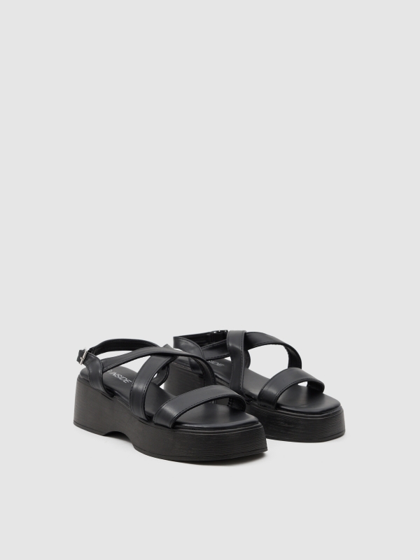 Strappy platform sandal black 45º front view