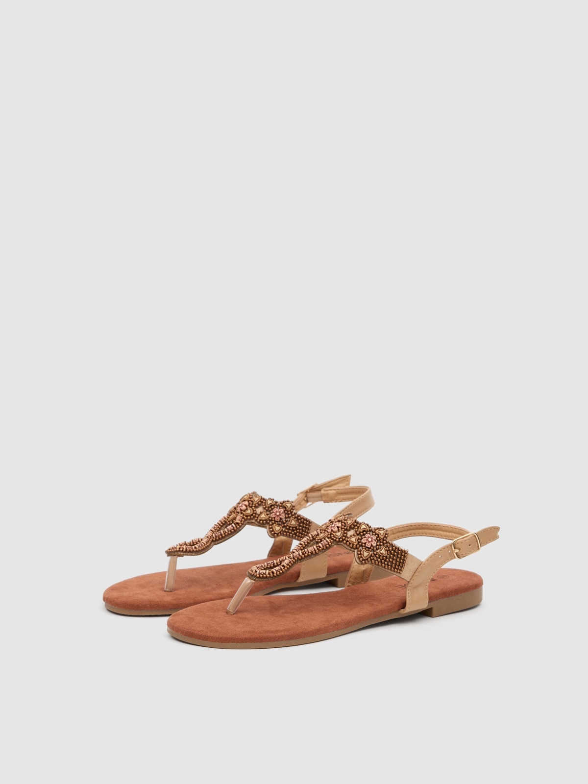 Ethnic flower sandal light brown 45º front view