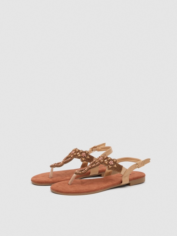 Ethnic flower sandal light brown 45º front view