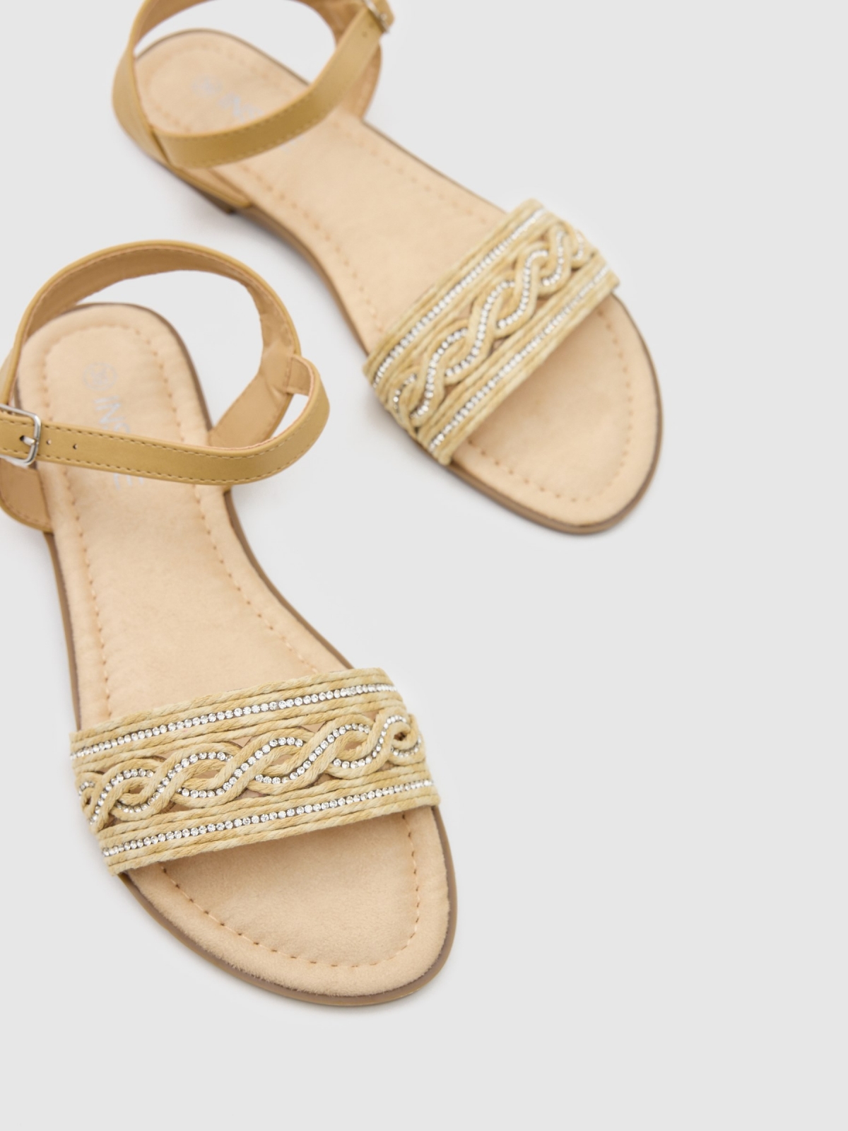 Glitter raffia sandal sand detail view