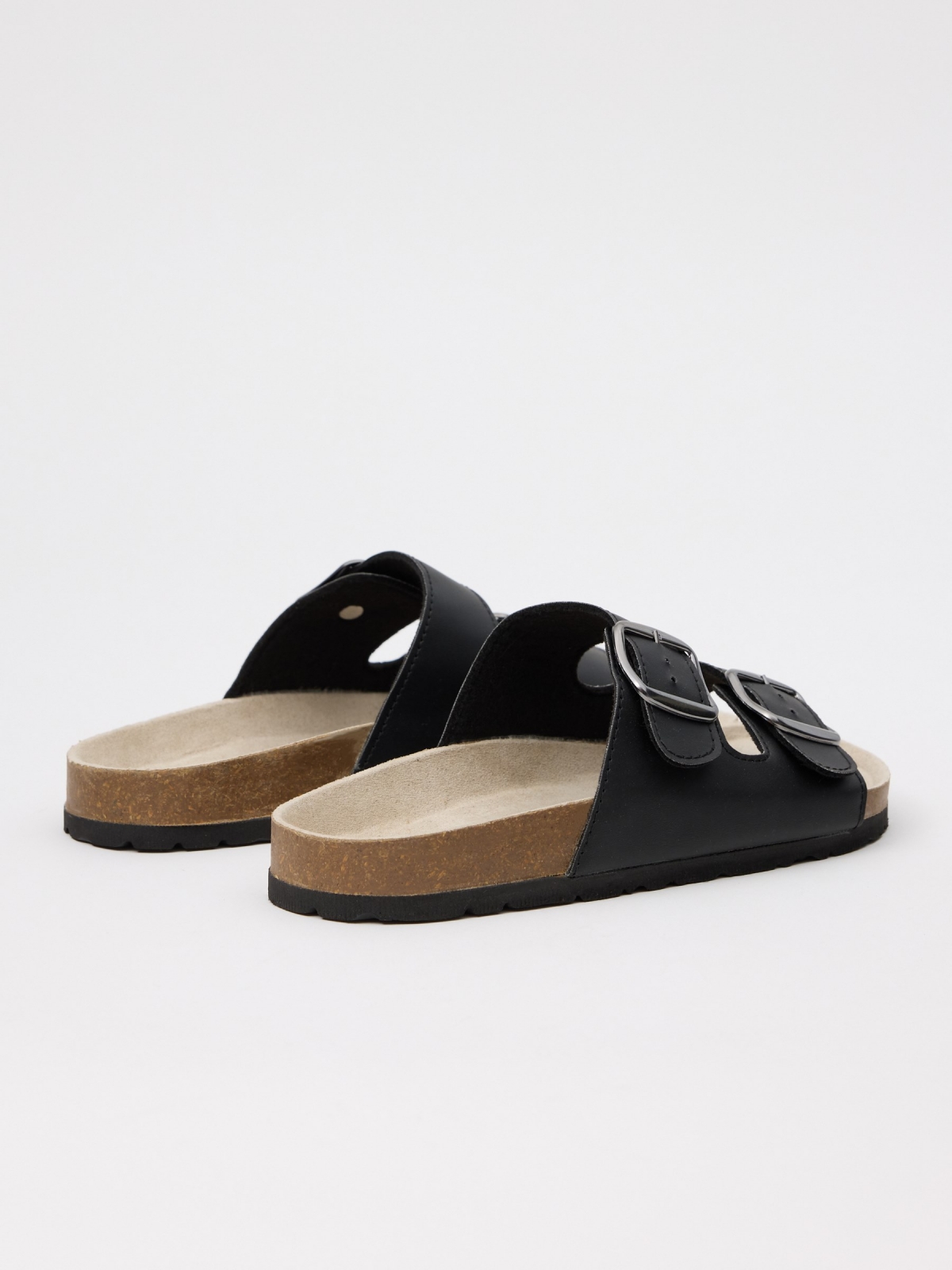 Bio buckle sandals black 45º back view