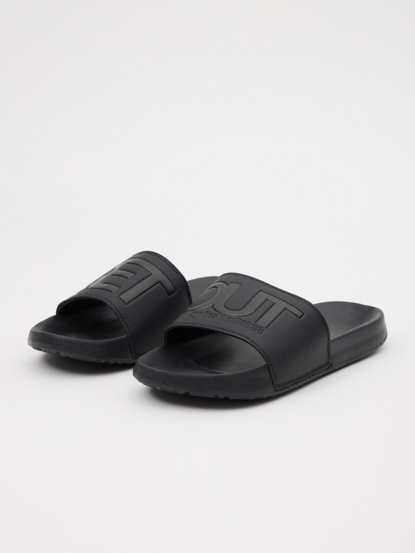 Embossed leather-effect shovel flip-flops black 45º front view