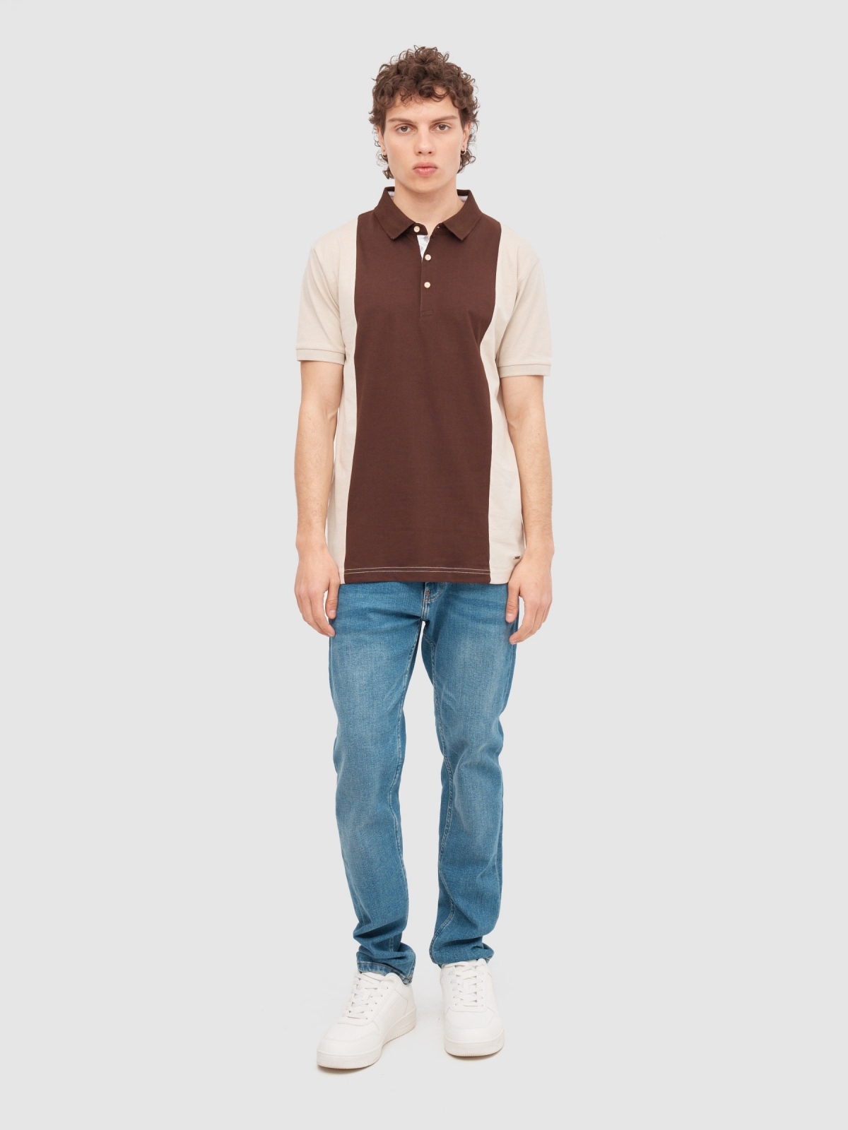 Colour block polo shirt taupe general front view