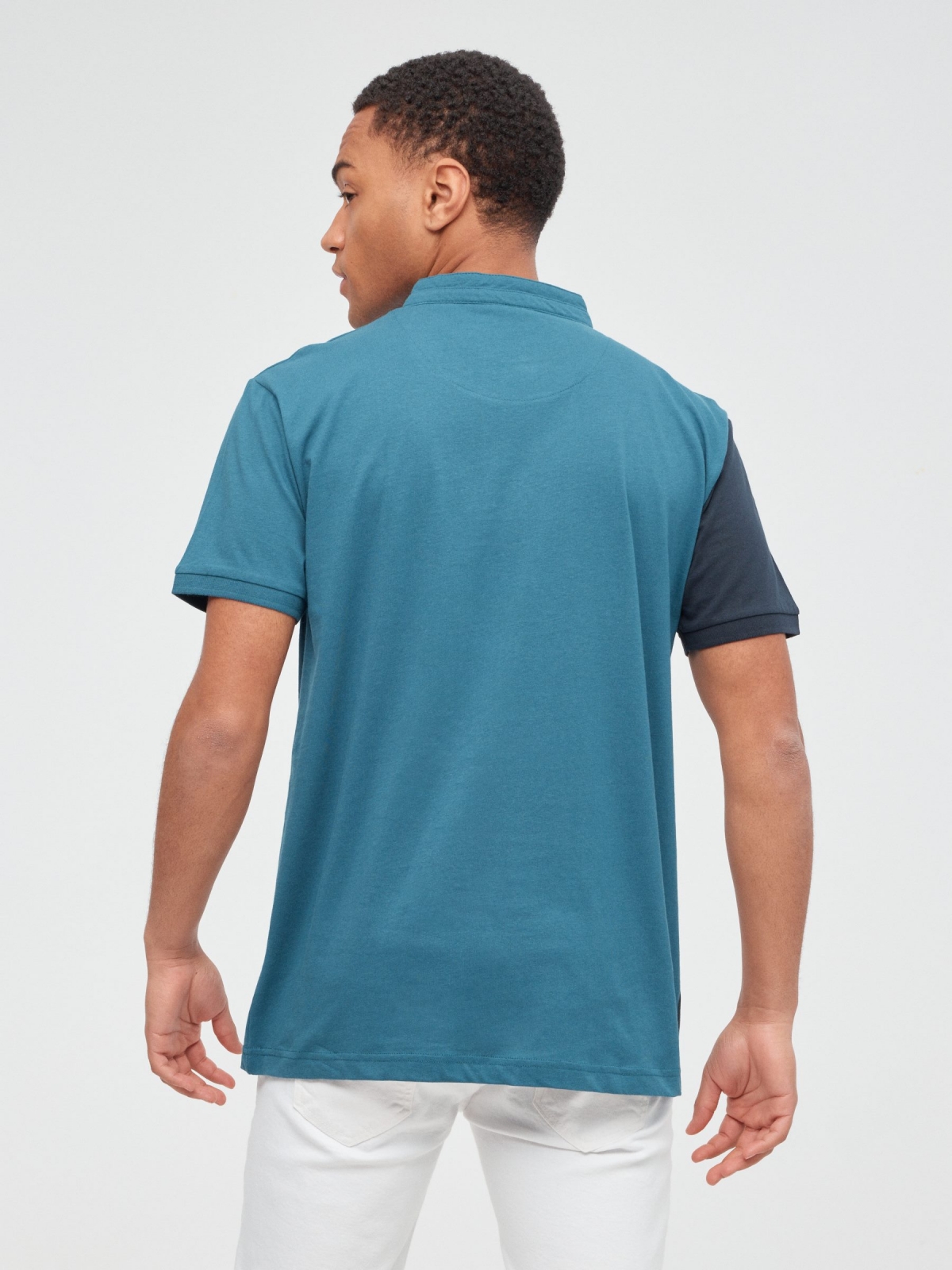 Mao colour block polo petrol blue middle back view