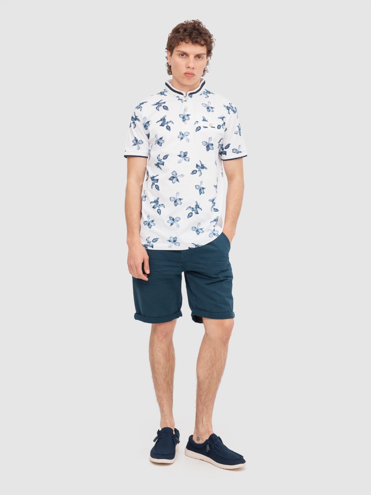 Tropical print polo white front view