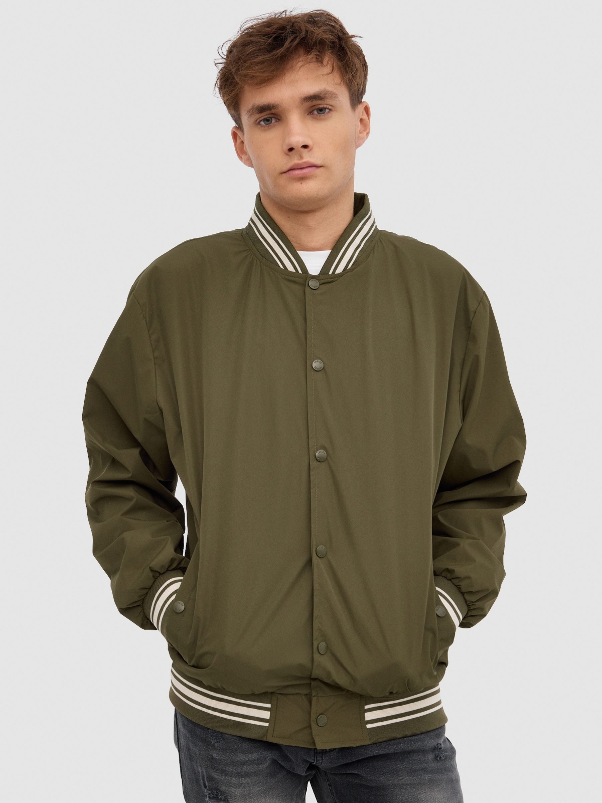 Nylon bomber jacket khaki middle front view