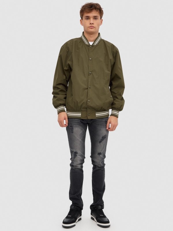 Nylon bomber jacket khaki front view