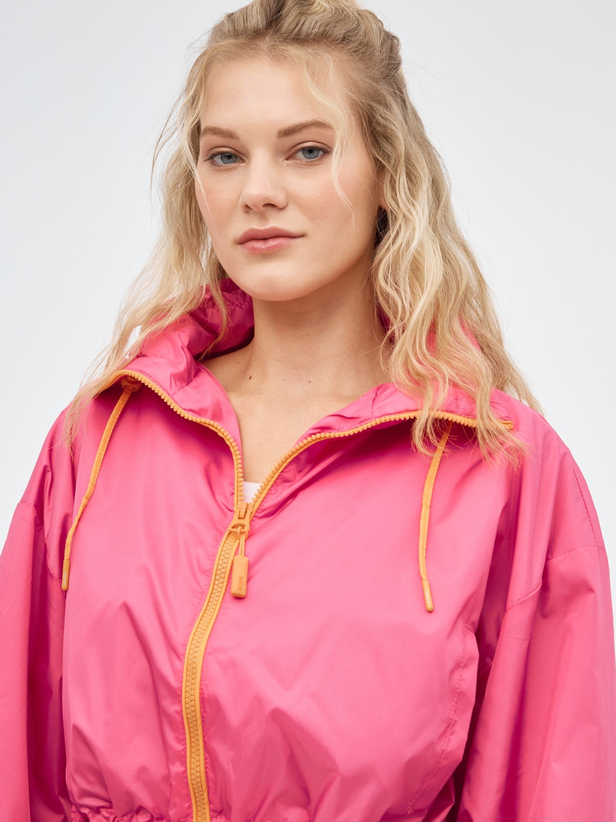 Fuchsia nylon jacket magenta pink detail view