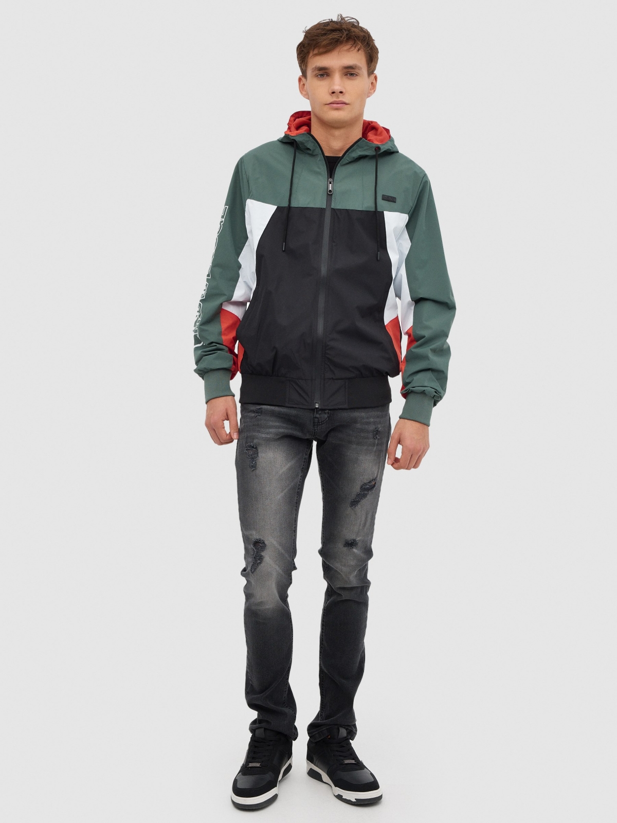 Colour block jacket greyish green front view