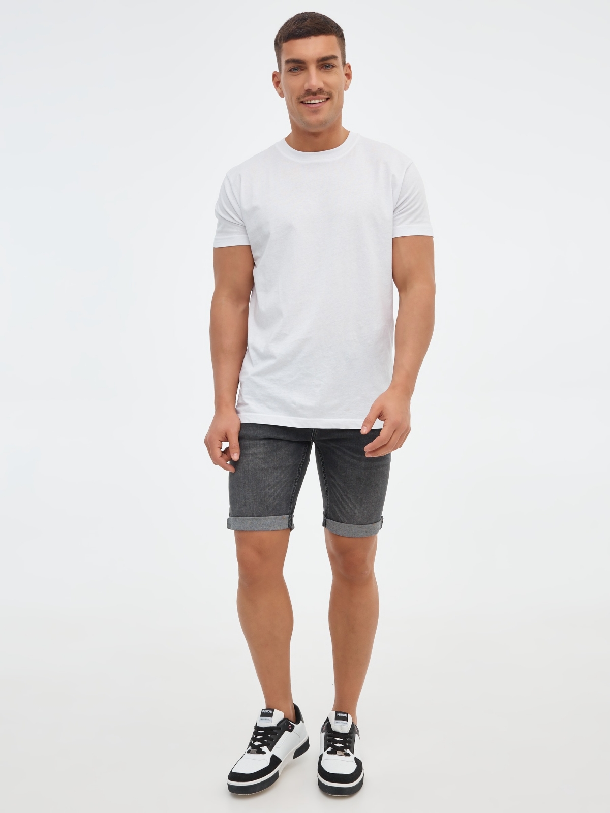 Washed gray denim bermuda shorts dark grey front view