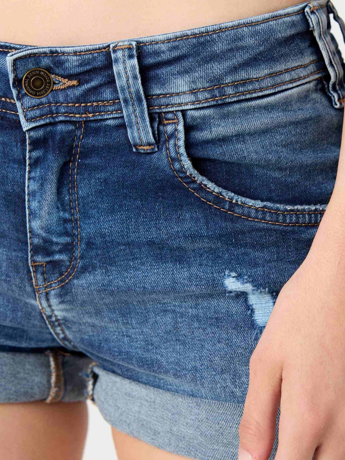 Ripped washed blue denim shorts blue detail view